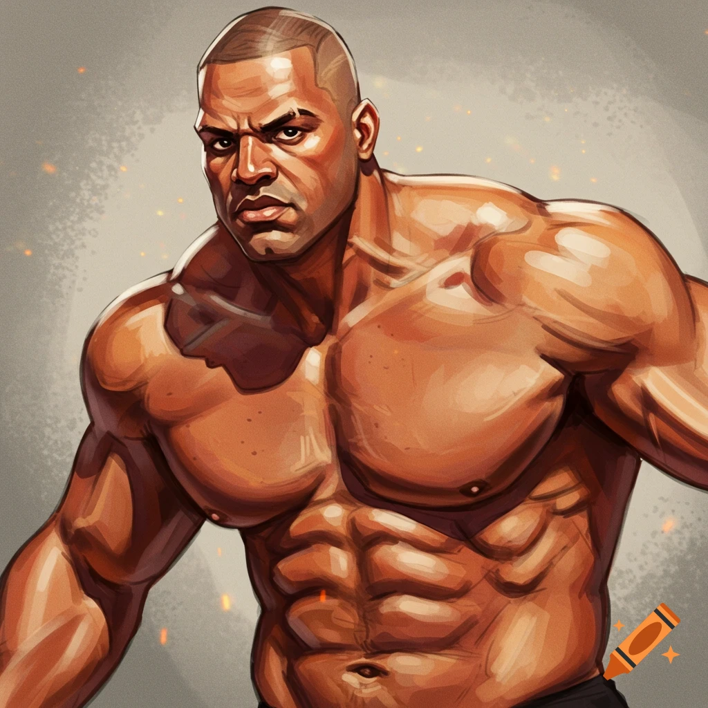 An illustration of a muscular man with a shaved head looking intensely at the viewer.