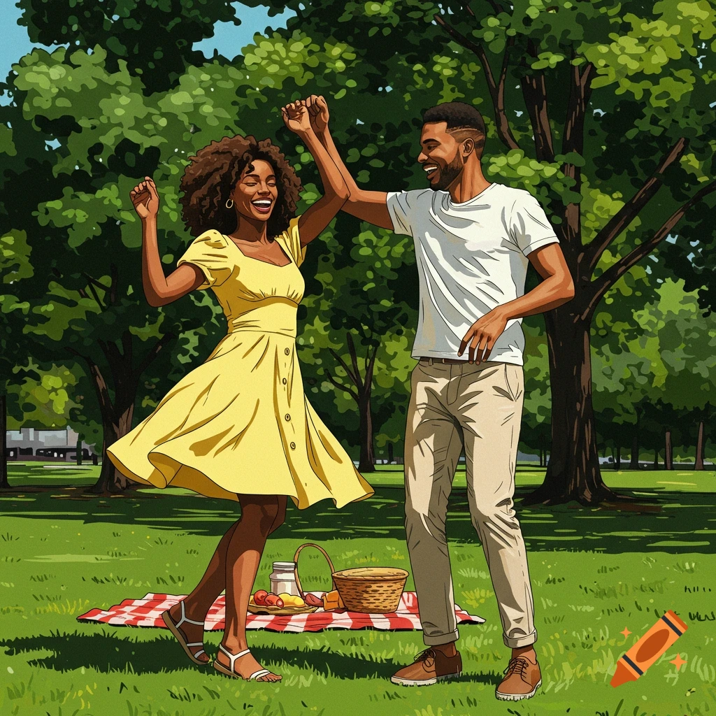 An illustration of a joyful couple dancing in a park next to a picnic blanket and basket.