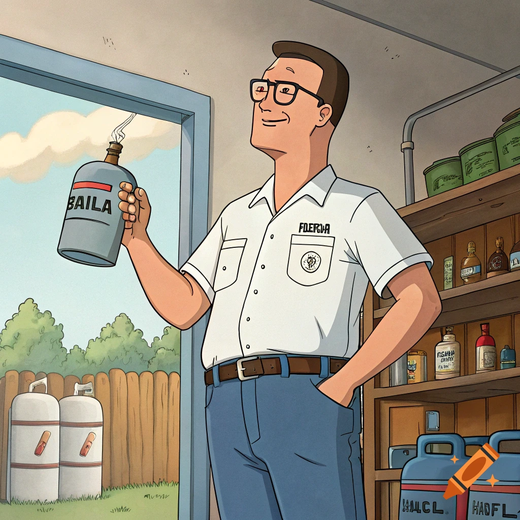 Cartoon of a man resembling Hank Hill holding a propane bottle.