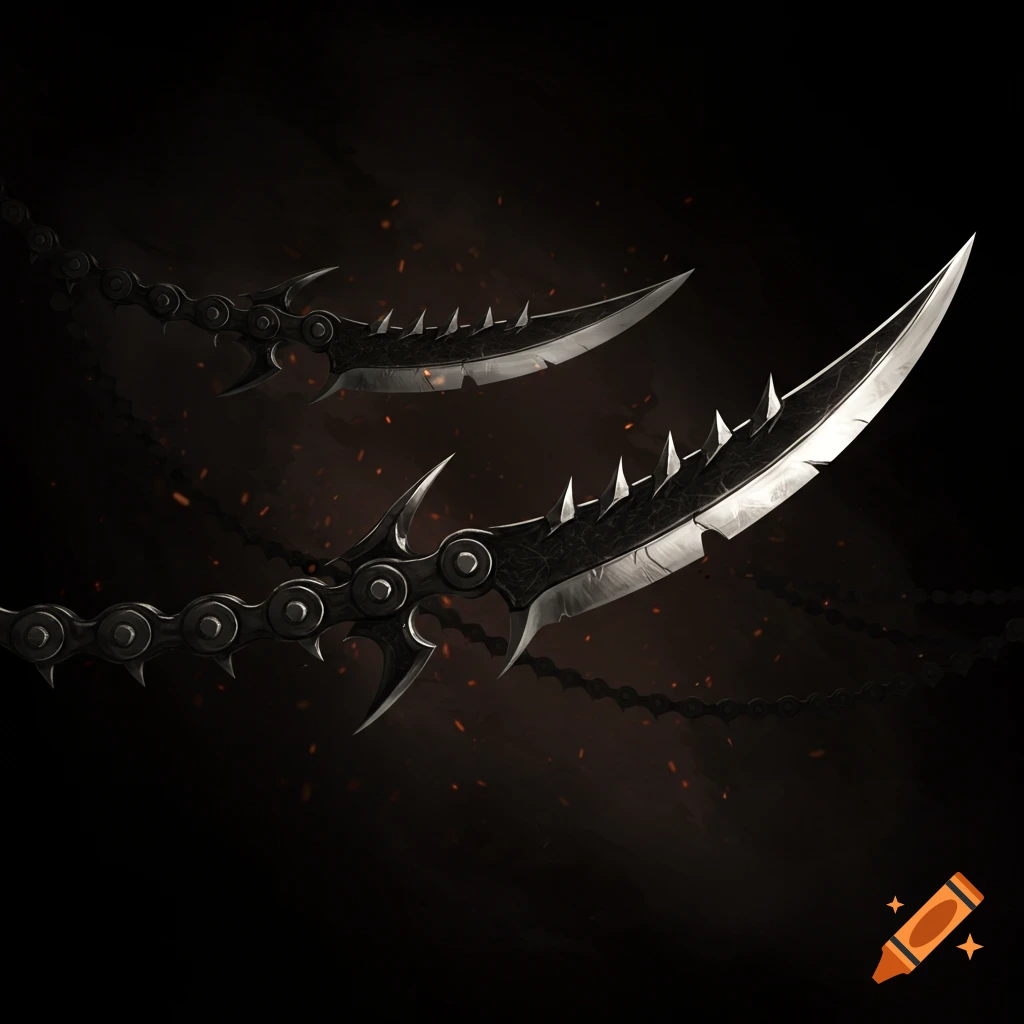Two spiky fantasy chain blades on a dark background with sparks.