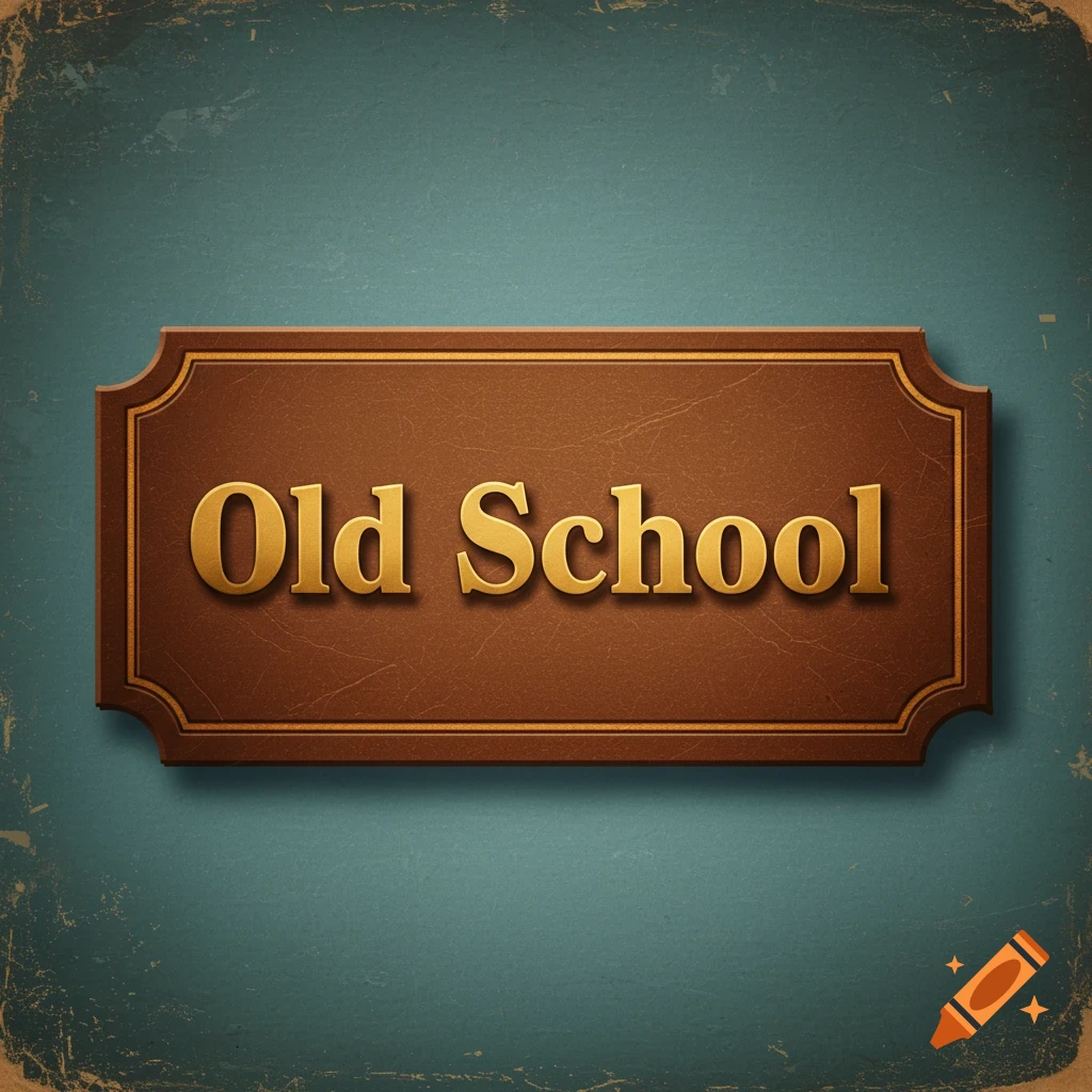 An embossed brown label with gold 'Old School' text on a distressed blue background.