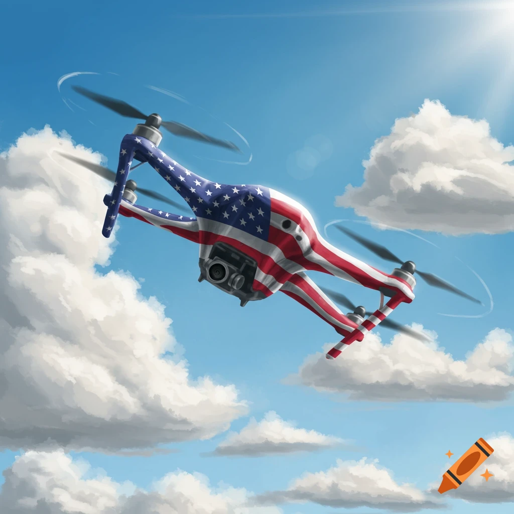 A drone wrapped in the American flag flies through a blue sky with clouds.