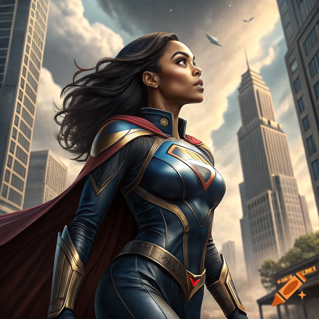 A woman in a blue and red superhero costume stands in a city looking up.