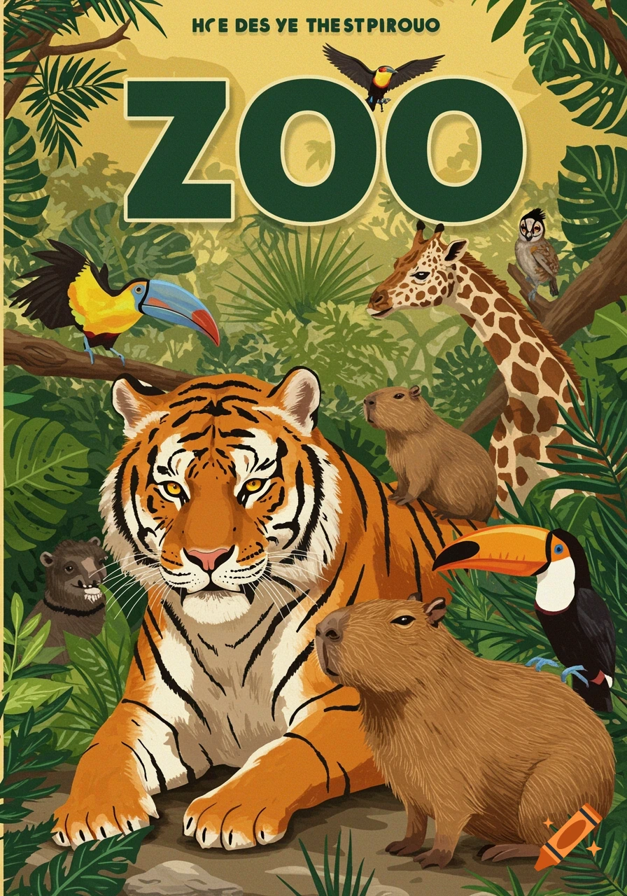 Vintage style zoo poster featuring a tiger, giraffe, capybaras, toucans, and an owl among lush foliage.