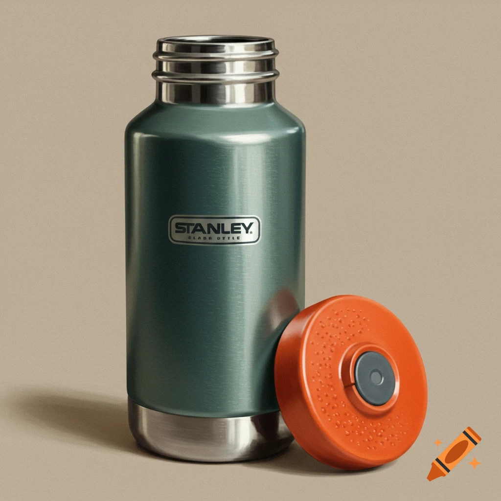 A greenish Stanley water bottle next to its orange lid, on a plain background.