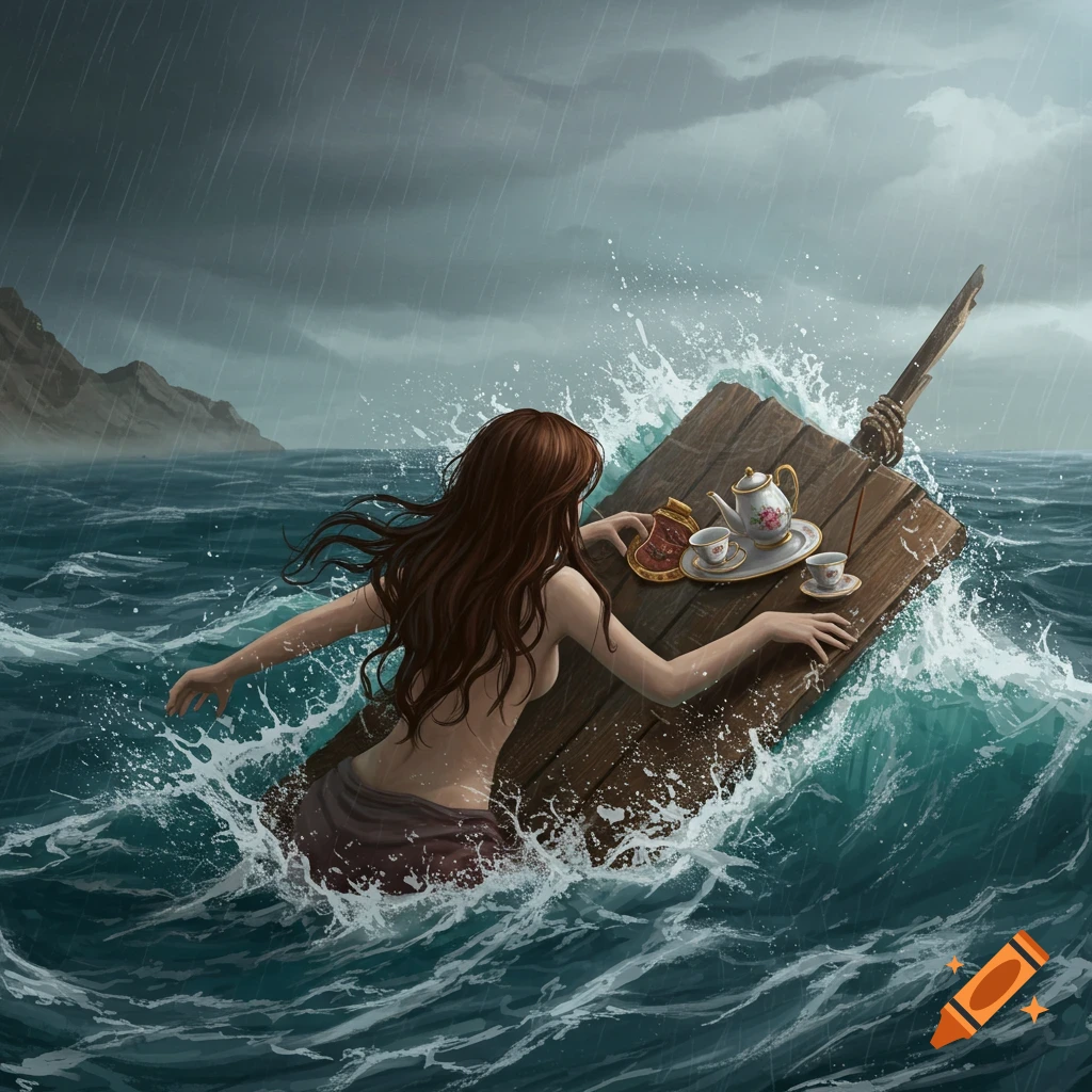 A castaway woman with long brown hair floating on a wooden plank in a stormy sea, reaching for a tea set.