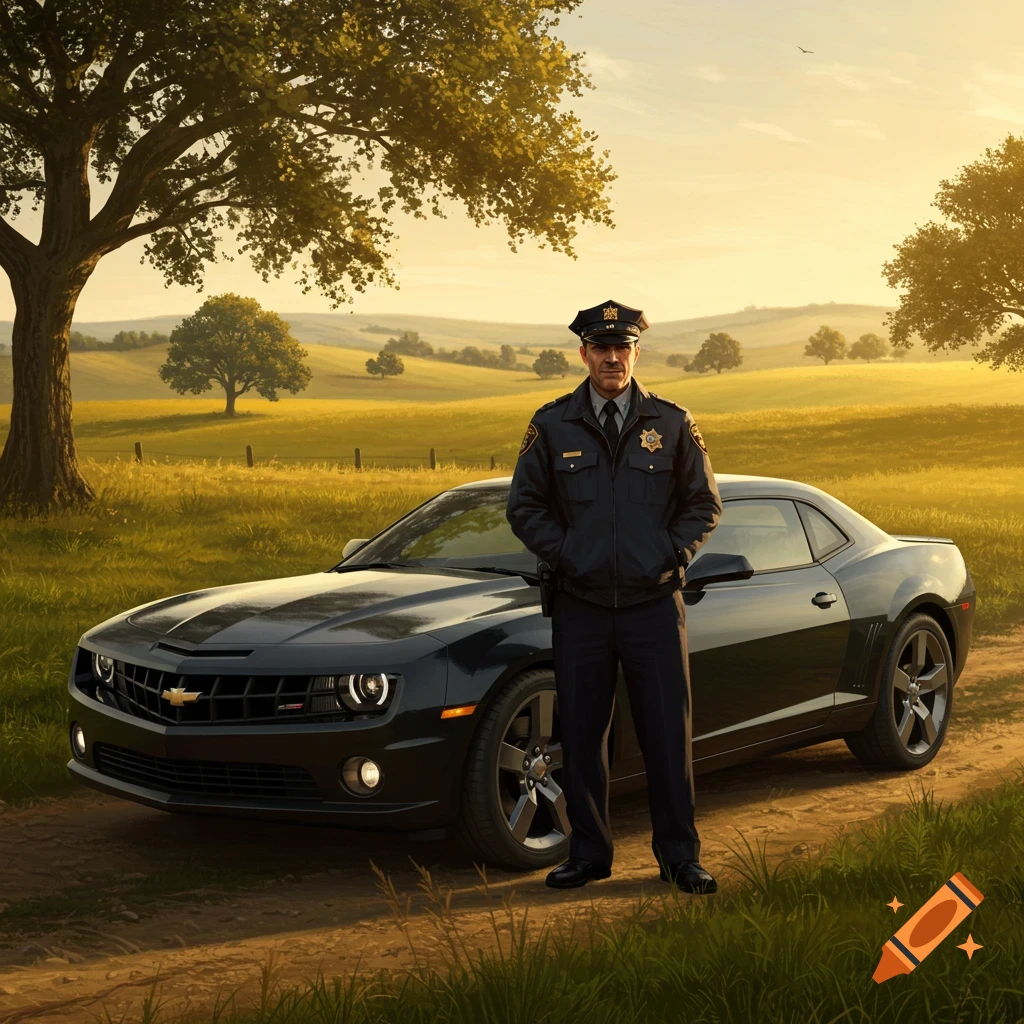 A police officer stands next to a black Chevrolet Camaro on a dirt road in a sunny field with trees and rolling hills.