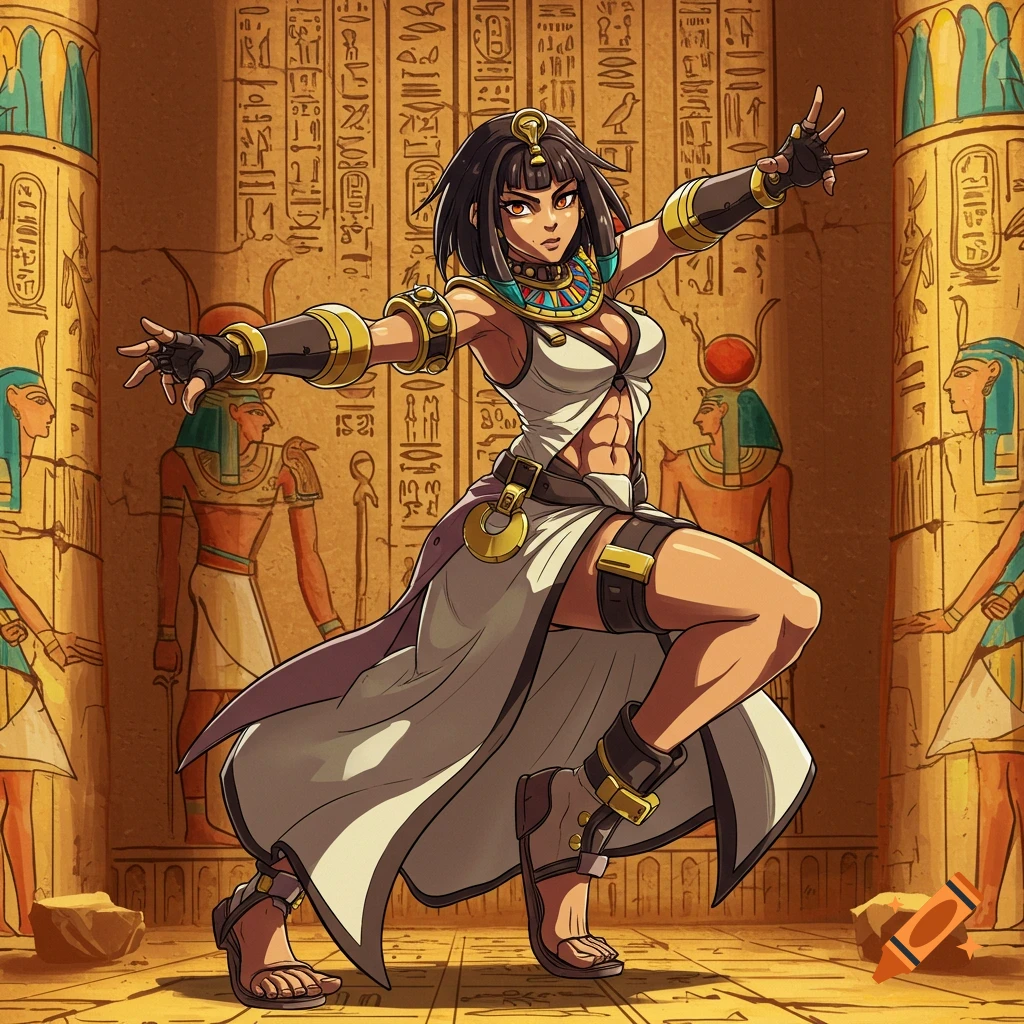 Anime style female character in Egyptian attire poses in a temple with hieroglyphs.