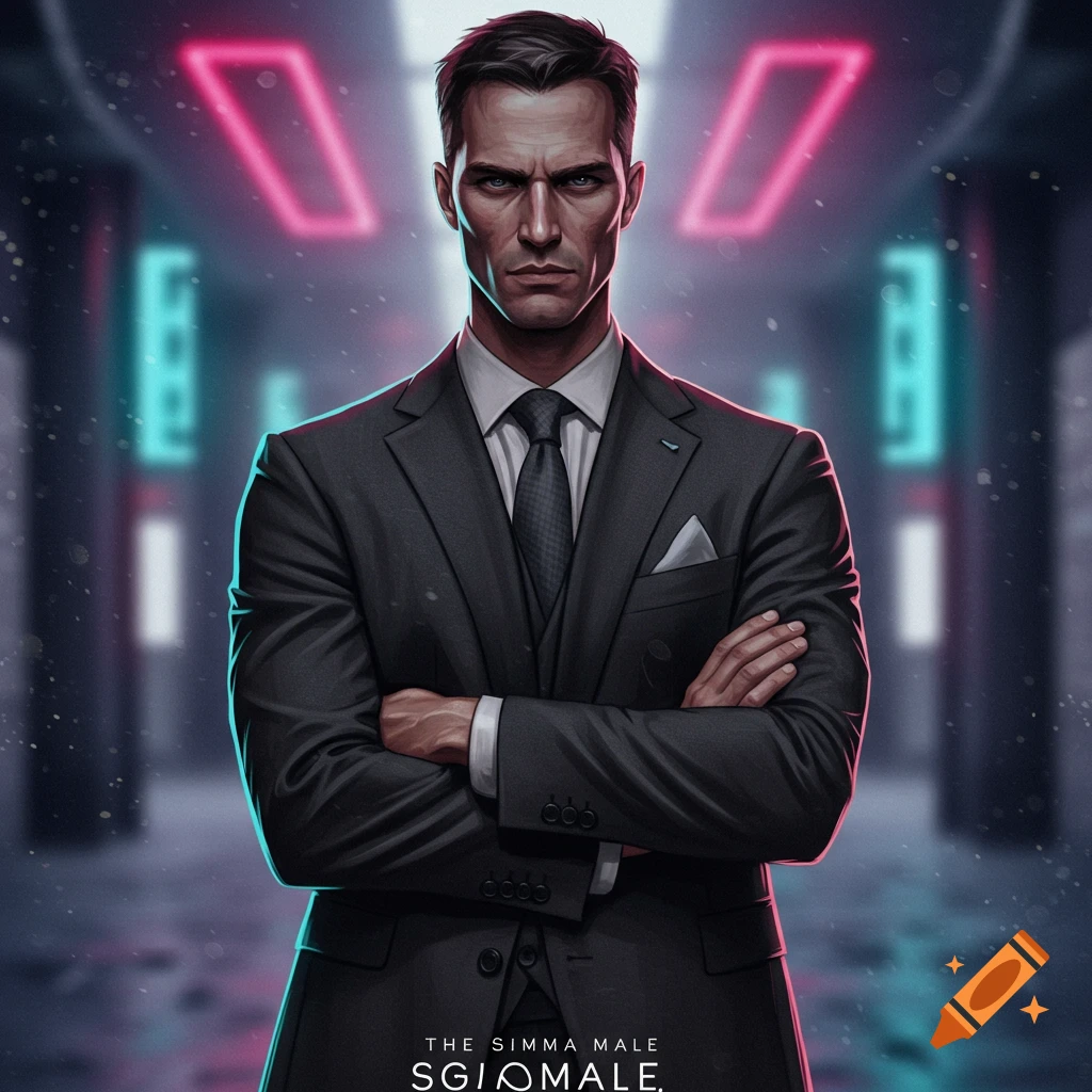 A serious-looking man in a suit stands with arms crossed against a background of neon lights.