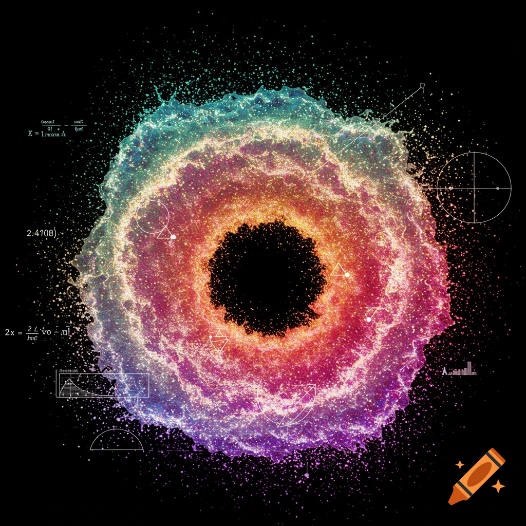 Abstract visualization of a colorful swirling energy form with scattered scientific diagrams on a black background.