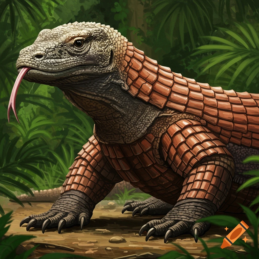 Illustration of a Komodo dragon covered in orange roof tiles in a jungle setting.