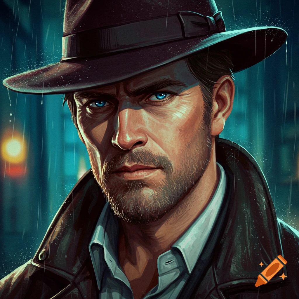 Illustration of a man with intense blue eyes in a hat and trench coat standing in the rain.