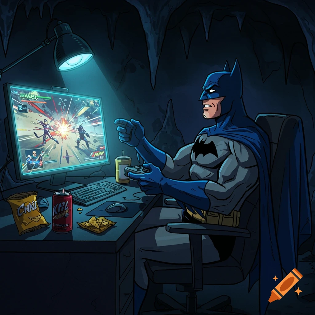 Cartoon illustration of Batman playing video games in the Batcave.