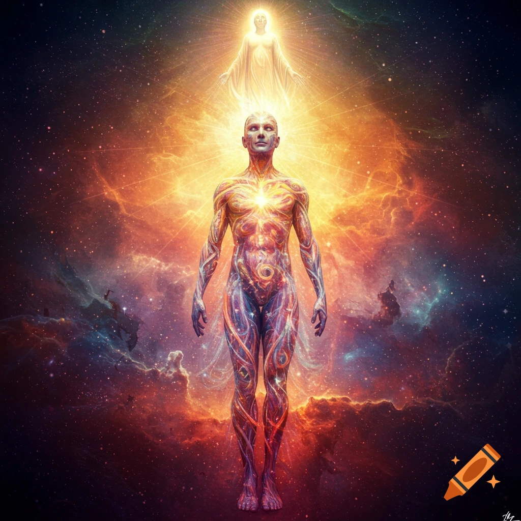 Figure with glowing patterns in a cosmic scene with an ethereal being above