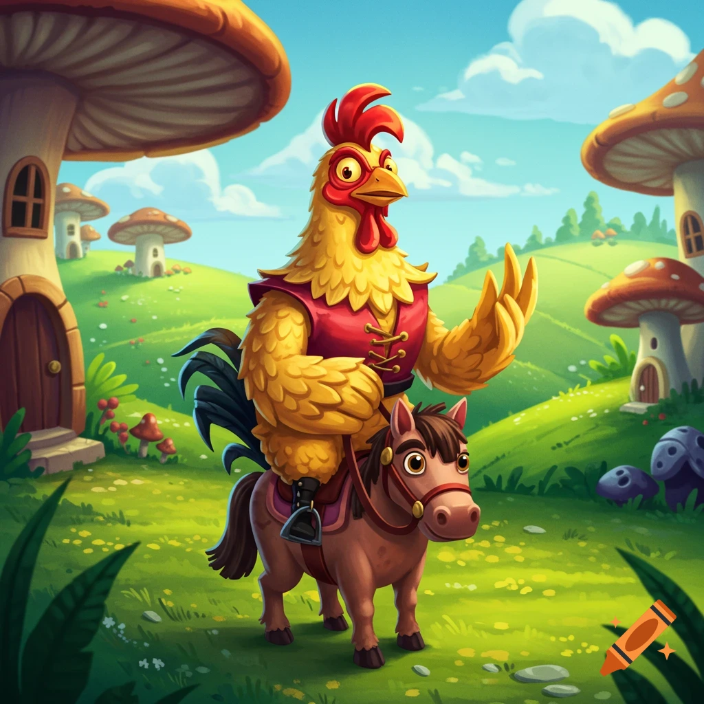 Chicken Riding Meme Cartoon chicken riding a small horse in a fantasy landscape with ...