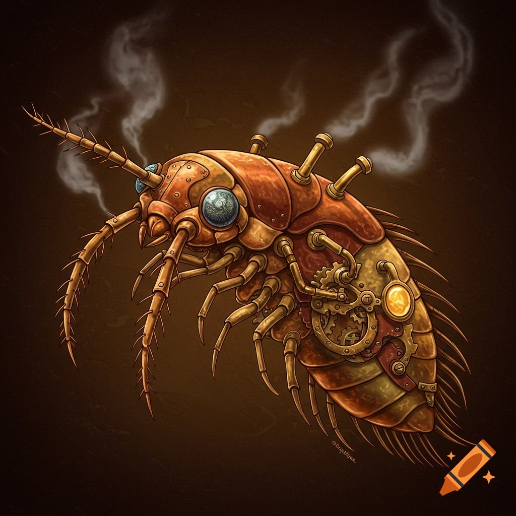 A four-color illustration of a steampunk insect with gears and steam on a brown background.