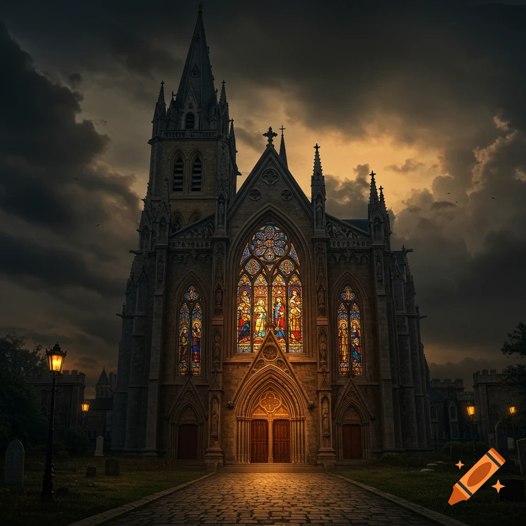 A dark gothic church at night with illuminated stained glass windows, surrounded by a cemetery.