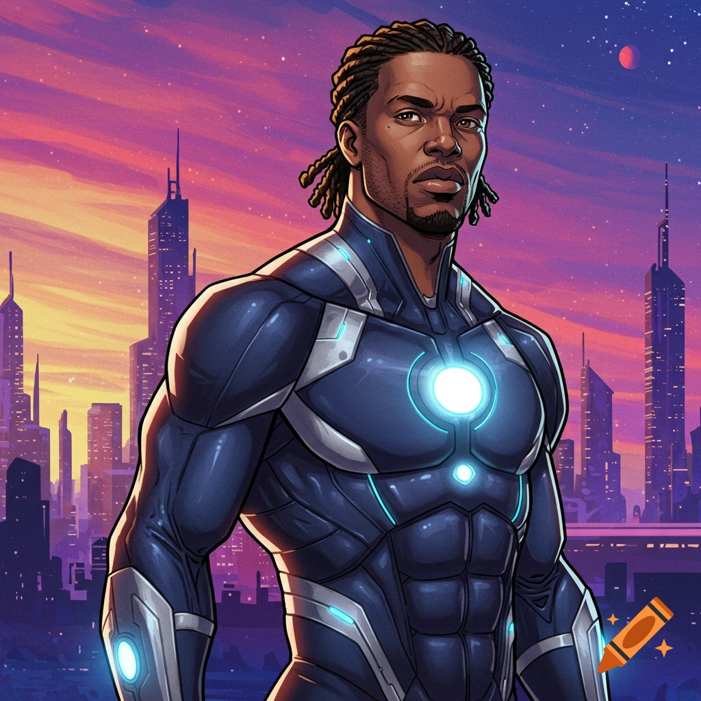 Illustration of a Black superhero in a blue suit with glowing accents standing in front of a futuristic city at sunset