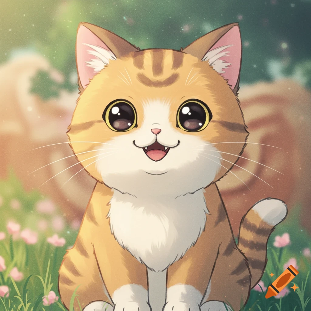 A cute anime cat sits in grass with flowers