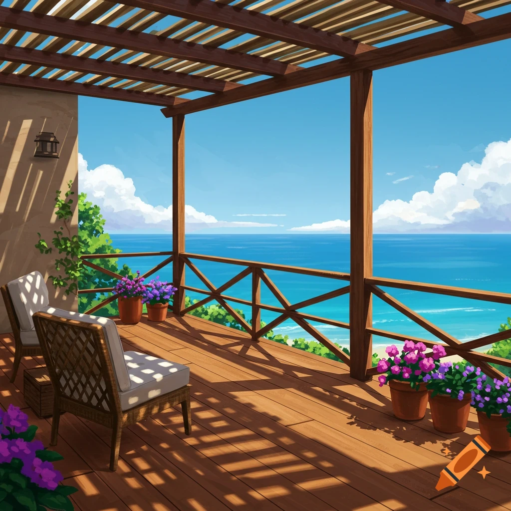 Illustrative view of a wooden patio with chairs and plants overlooking a bright blue ocean and sky.