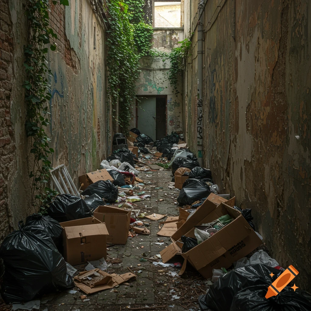 An abandoned alley filled with overflowing trash bags and boxes, with ivy growing on the walls.