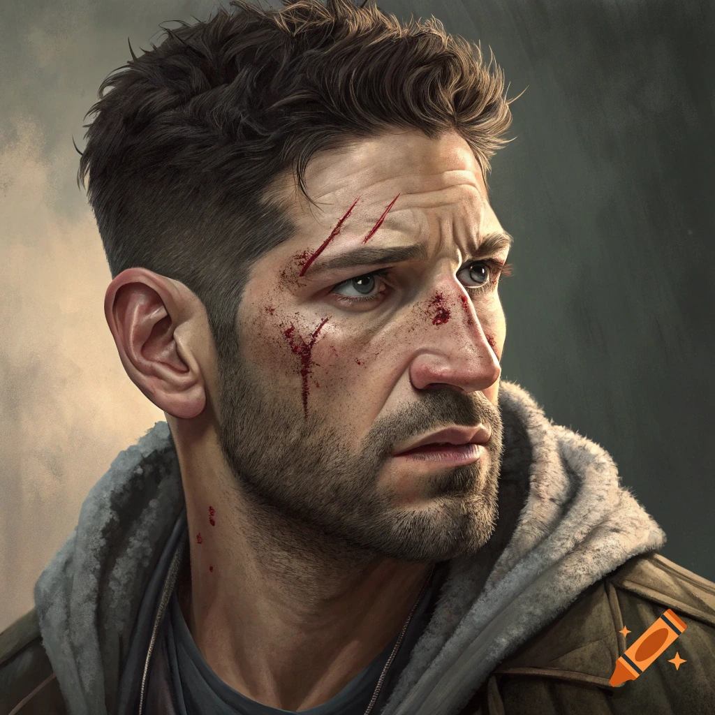 Photorealistic close-up portrait of a man with cuts and blood on his face.