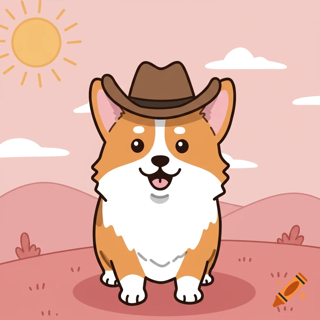 A cartoon corgi wearing a cowboy hat in a desert landscape.