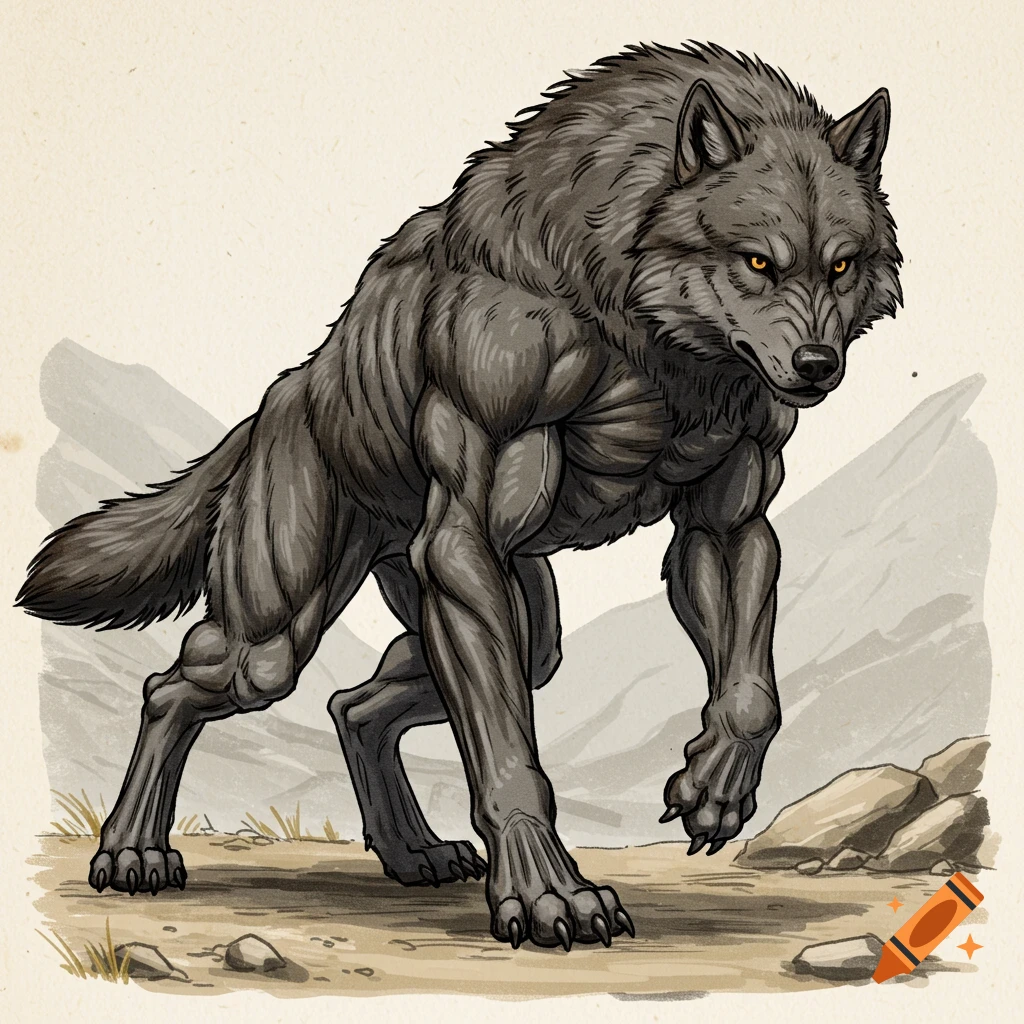 Illustration of a muscular, wolf-like creature standing in a desolate landscape.
