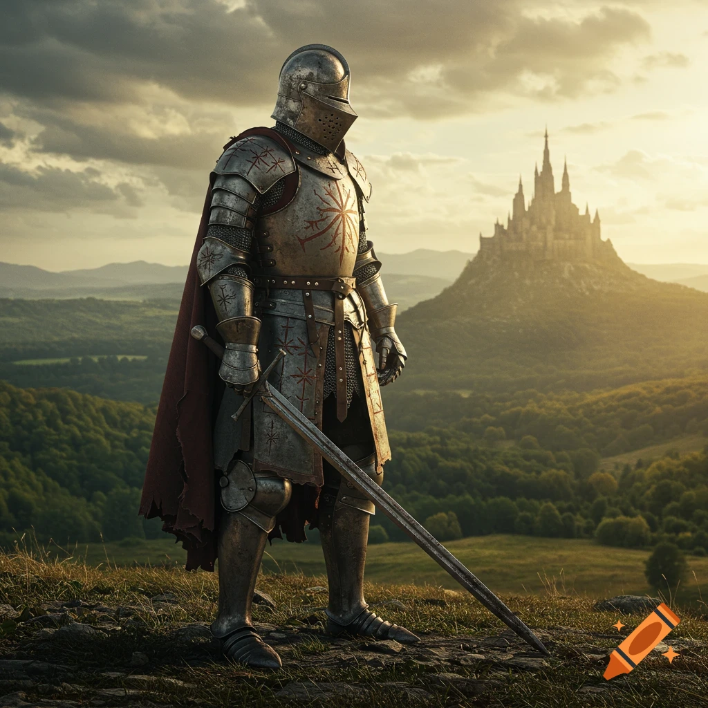 A knight in full armor stands on a hill, sword resting on the ground, looking at a distant castle at sunset.