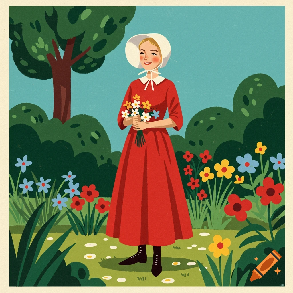 Illustration of a woman in a red dress and bonnet holding a bouquet of flowers in a garden.
