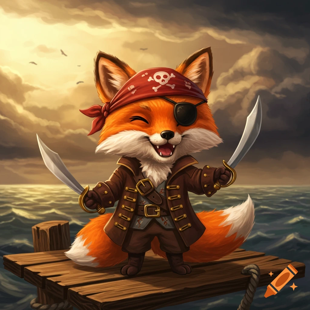 Cute cartoon pirate fox standing on a dock holding two swords.