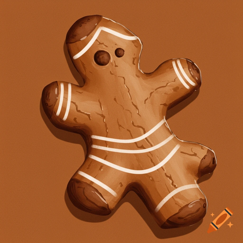 Illustration of a gingerbread man with white icing on a brown background.