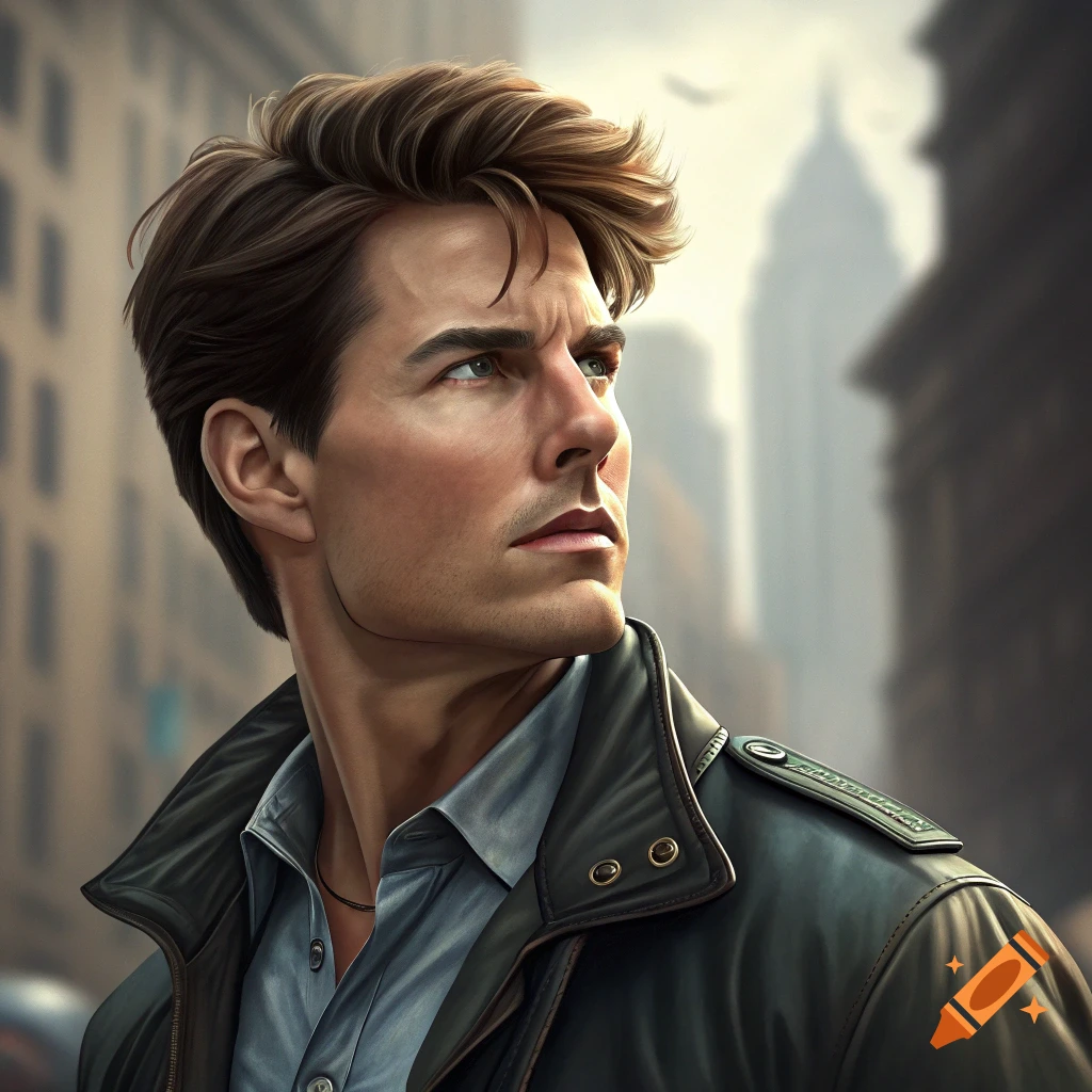 Photorealistic portrait of a man resembling Tom Cruise wearing a leather jacket, looking left with a blurred city background.
