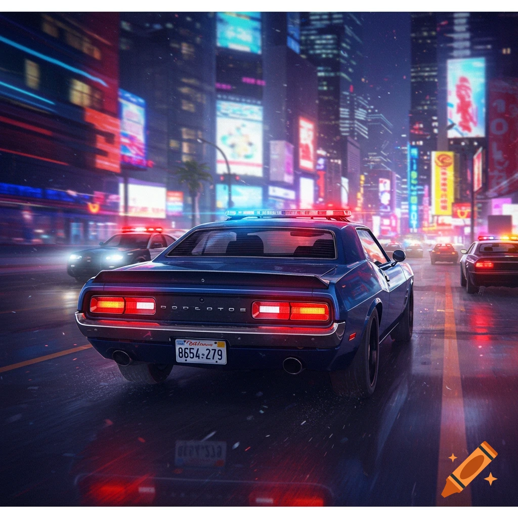 Police car in a rainy city street at night during a pursuit.