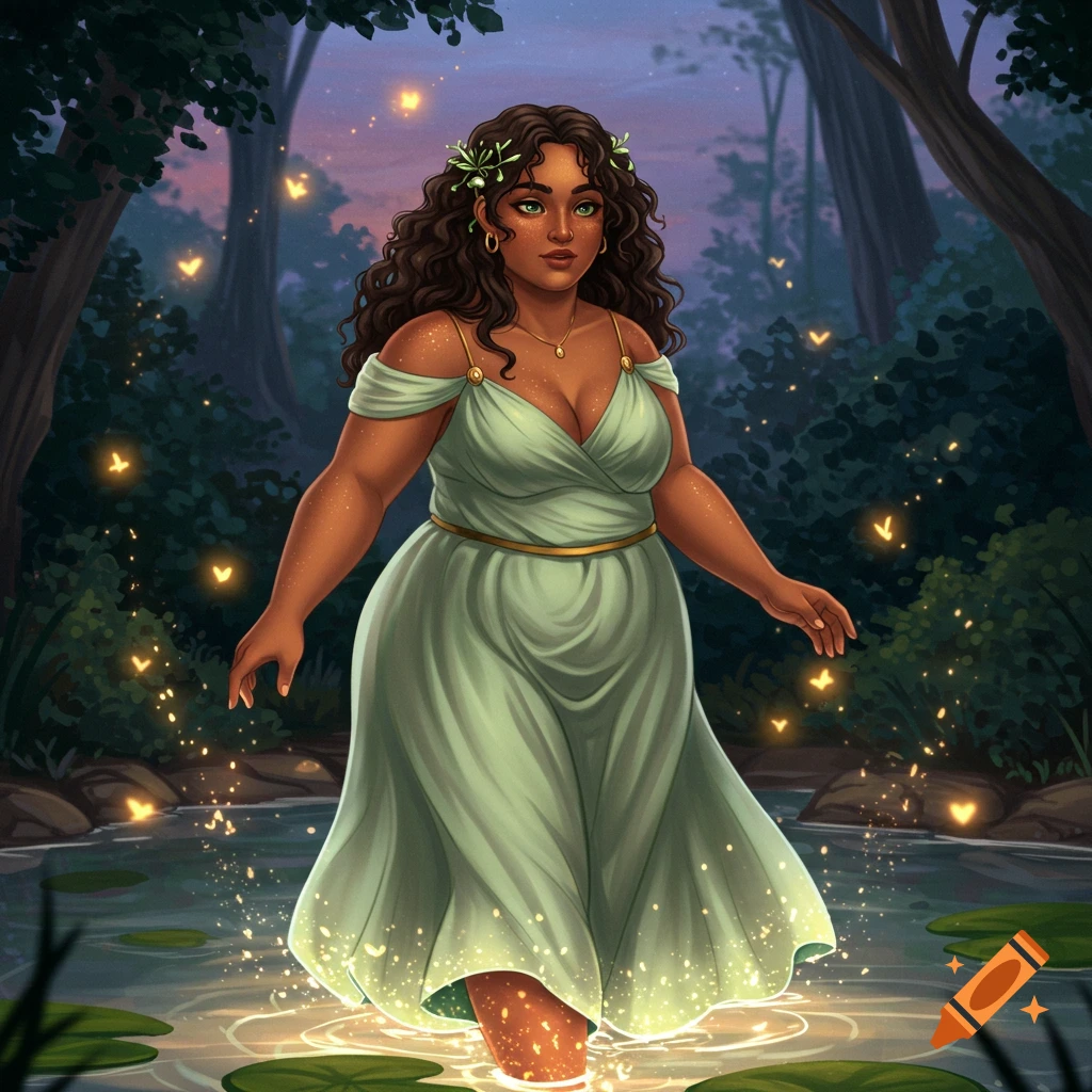 Illustration of a woman with curly hair and a green dress stepping into a magical lake in an enchanted forest.