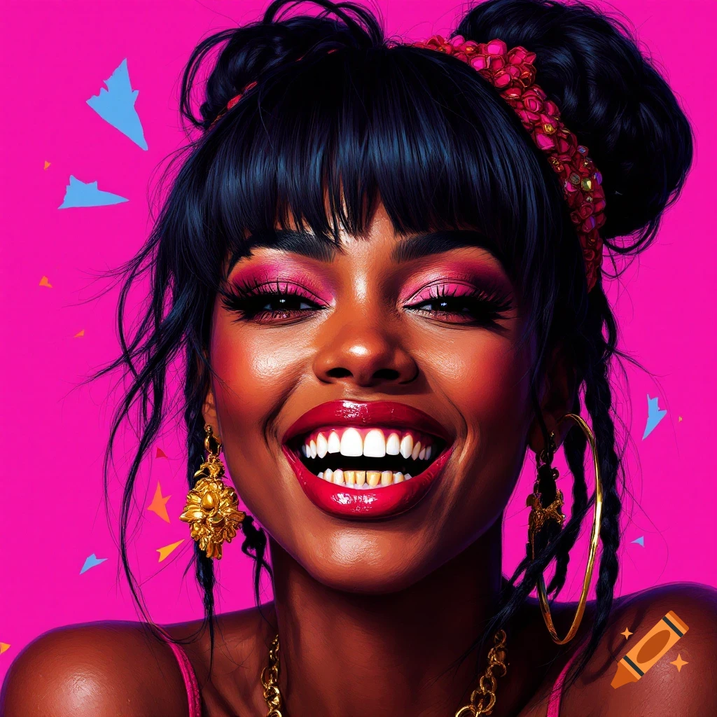 A stylized portrait of a smiling woman with vibrant pink makeup, red lips, dark hair in buns, and gold jewelry against a hot pink background.