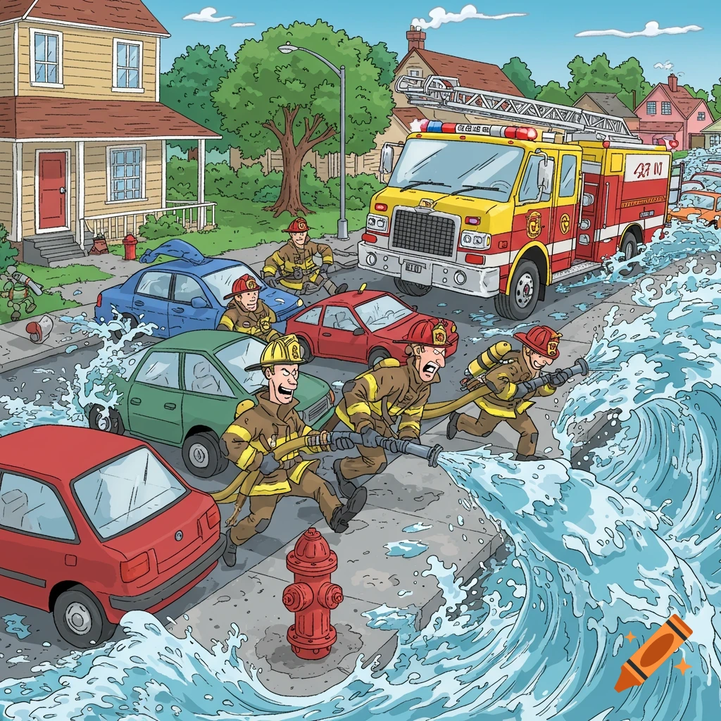 Cartoon firemen run with a hose through a flooded street with cars and a fire truck.