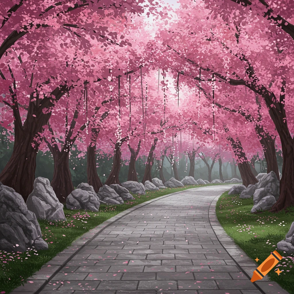 A stone path winds through a park lined with pink cherry blossom trees and rocks in an illustrated style.