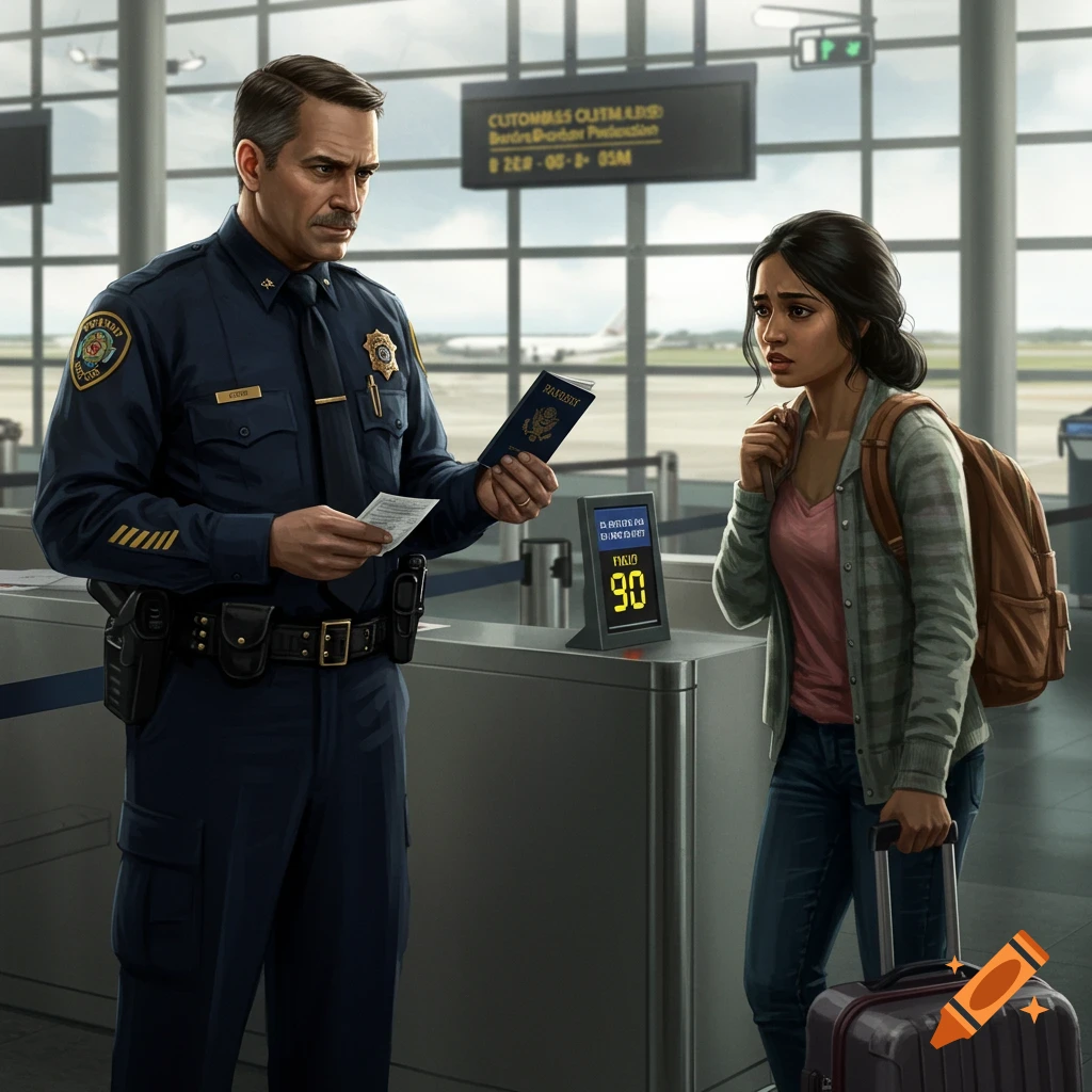 Customs officer examines a traveler's passport at an airport