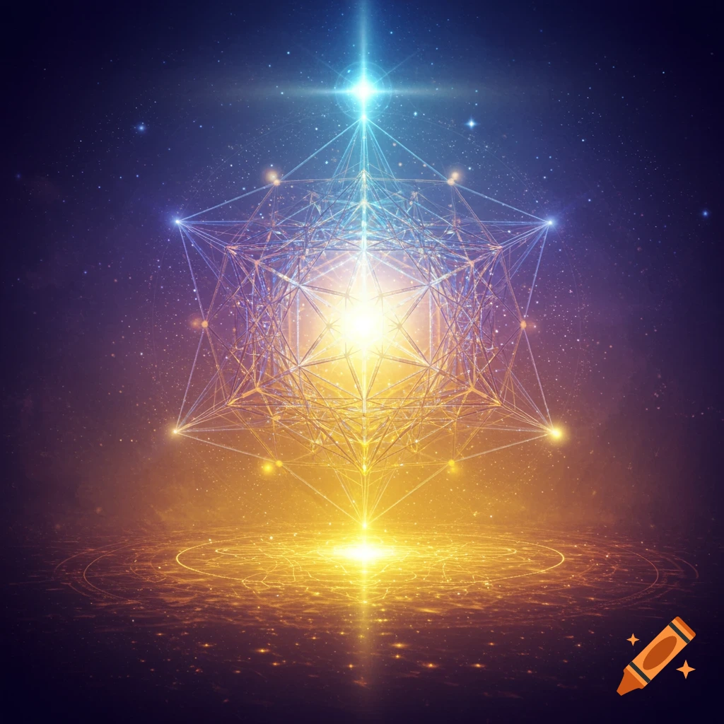 A glowing geometric shape like a Merkaba in a cosmic space scene with stars and light.