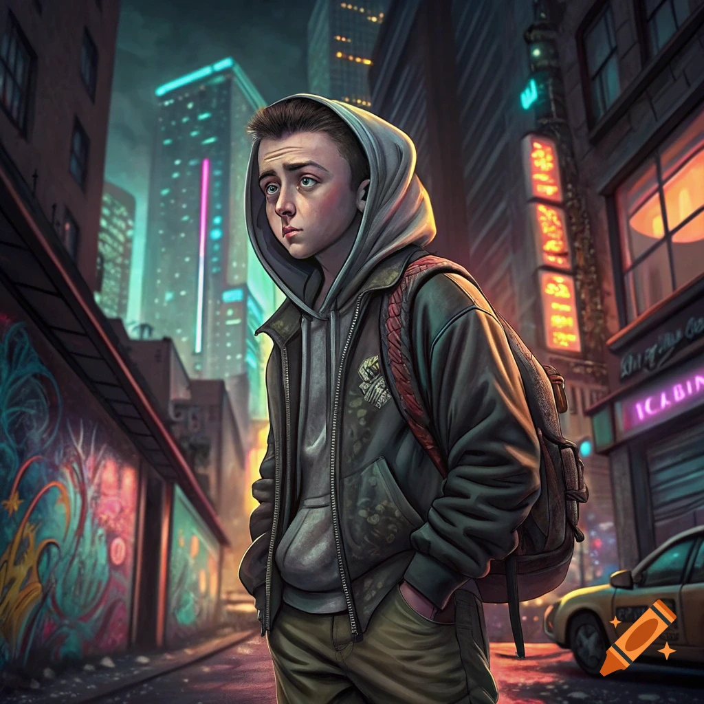 Digital art of a young person with a backpack in a cyberpunk-style city street at night.