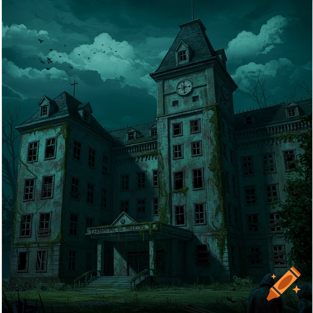 A dark and spooky abandoned hospital under a cloudy night sky.