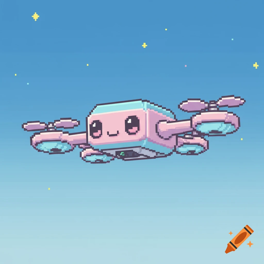 Cute pixel art drone flying in the sky