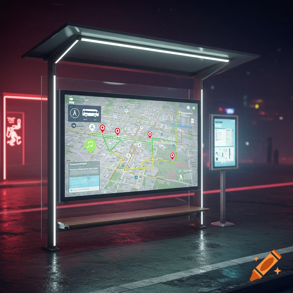 A futuristic bus stop at night with a large digital screen displaying a city map and transit information, with neon lights in the background.