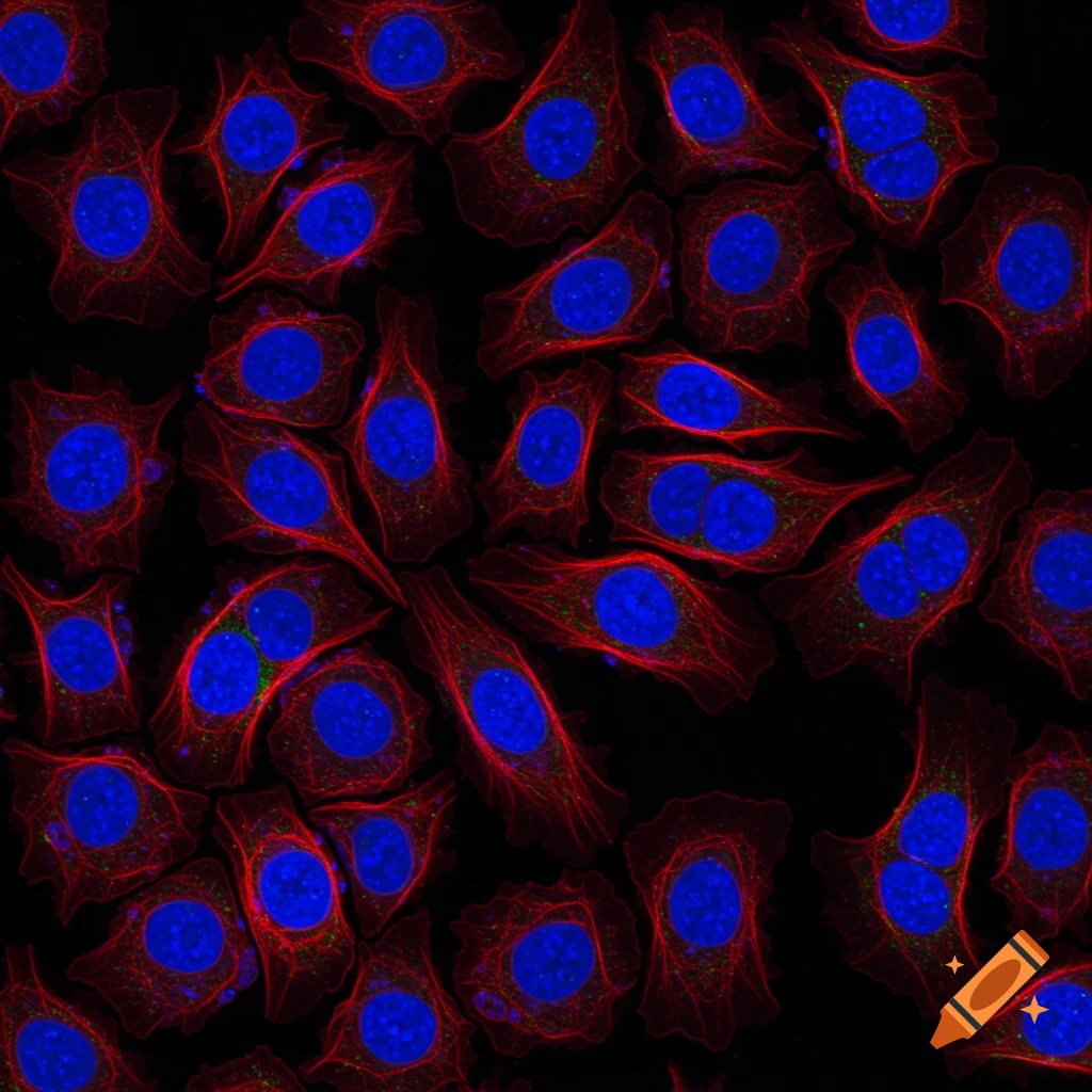Microscopic view of cells with blue nuclei and red filamentous structures on a black background.