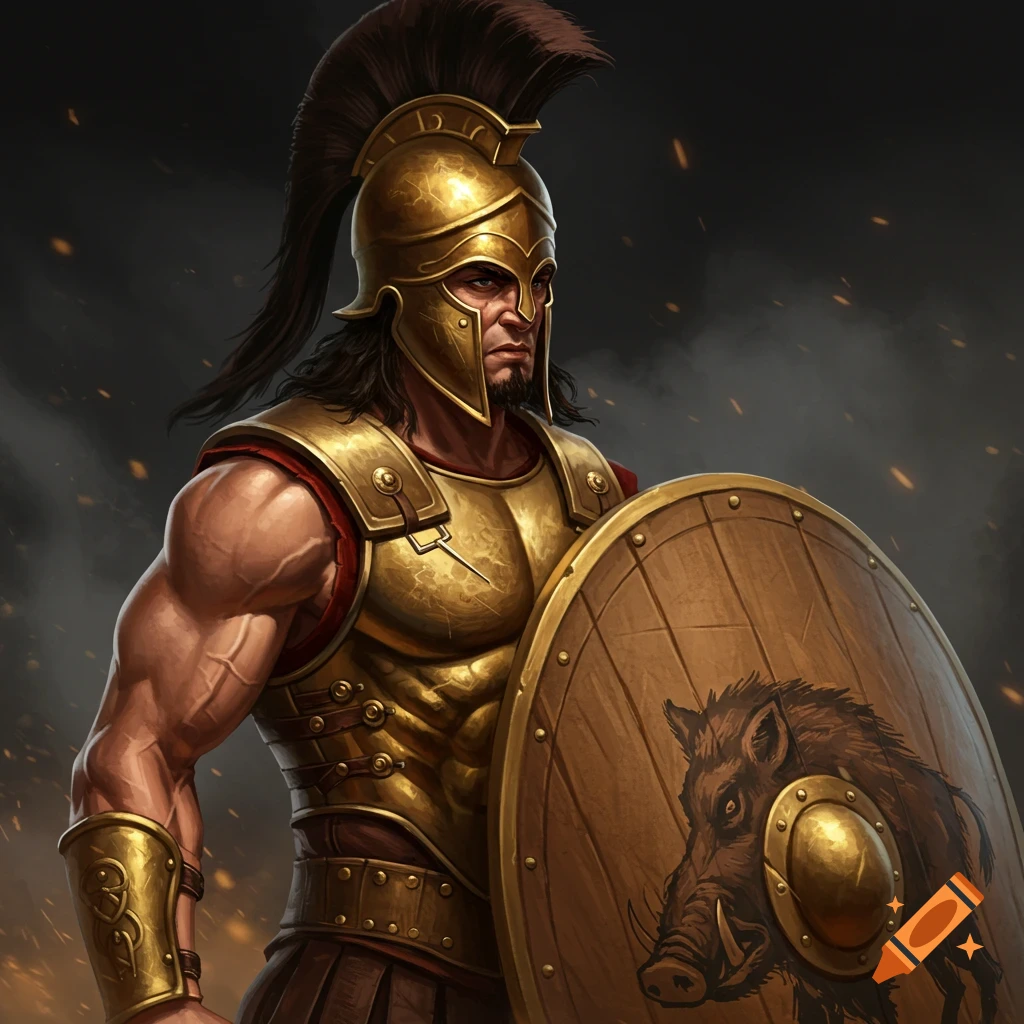 Muscular warrior in golden armor holding a shield with a boar image