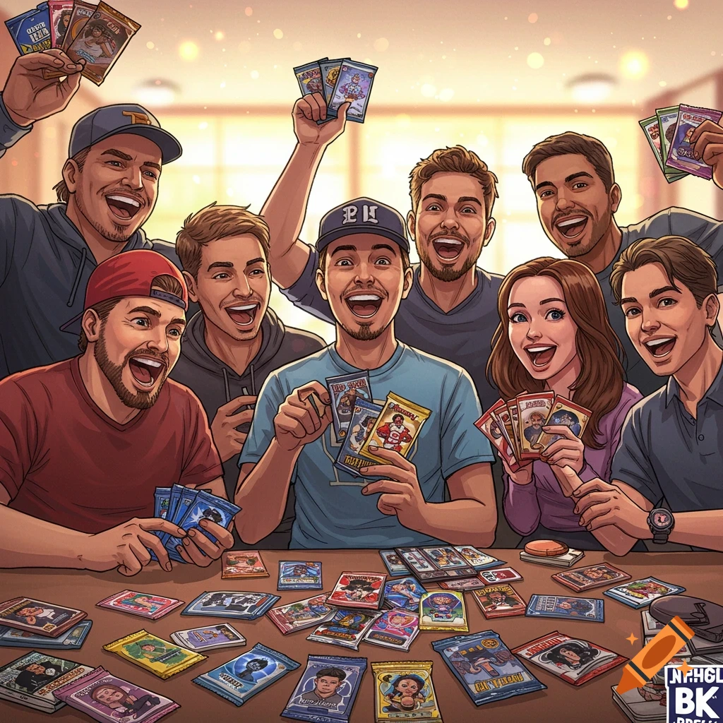Cartoon illustration of a group of people opening trading card packs at a table.