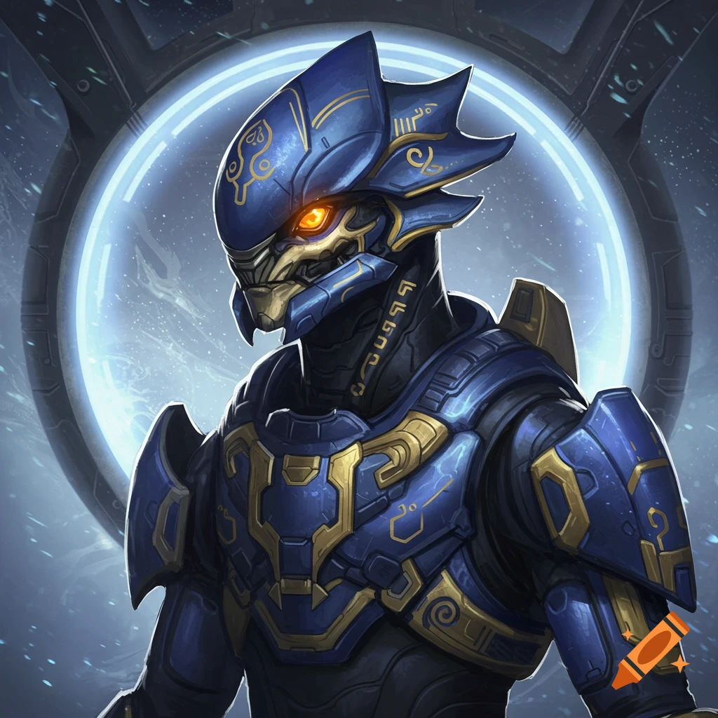 Blue and gold armored alien character with glowing eyes stands against a circular portal, digital art.