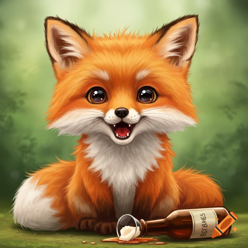 A cute cartoon fox sits on the grass next to a spilled bottle.