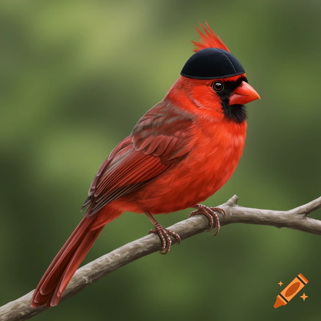 A vibrant red cardinal bird perched on a branch, wearing a small black hat.